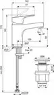 Waschtischarmatur von Ideal Standard mit einem Push-Open-Ventil, ausgestattet für die Montage in Badezimmern. Enthält technische Zeichnung mit Maßen und Anschlüssen.